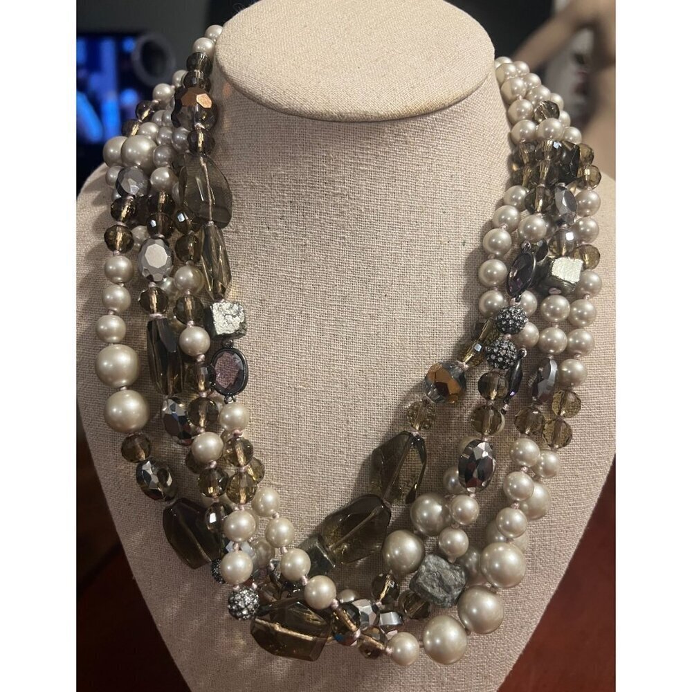 Astor 5 Strand Stella & Dot Necklace Adjustable Faux Pearls Pyrite Crystal & Rhi